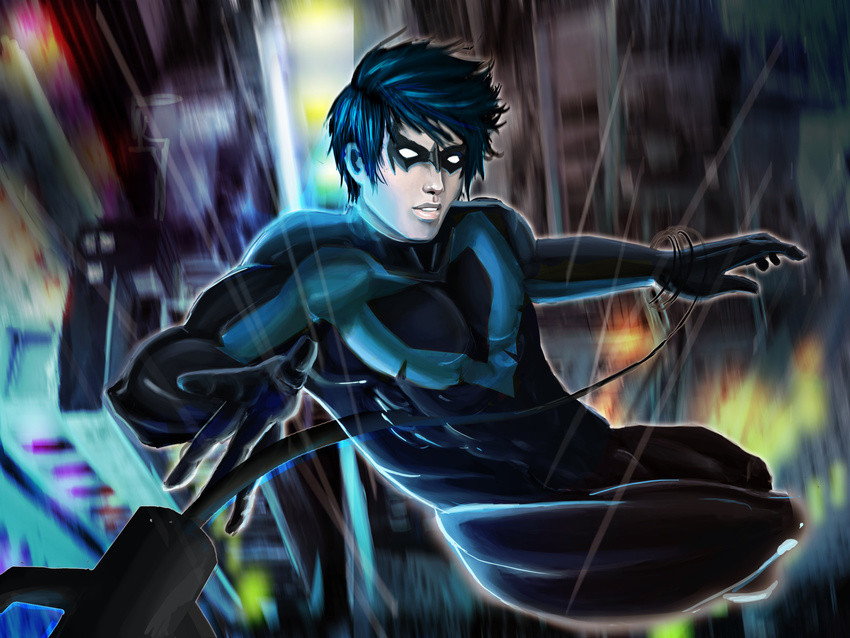 1boy batman_(series) black_hair bodysuit city dc_comics dick_grayson domino_mask falling highres male male_focus mask night nightwing rain rope solo