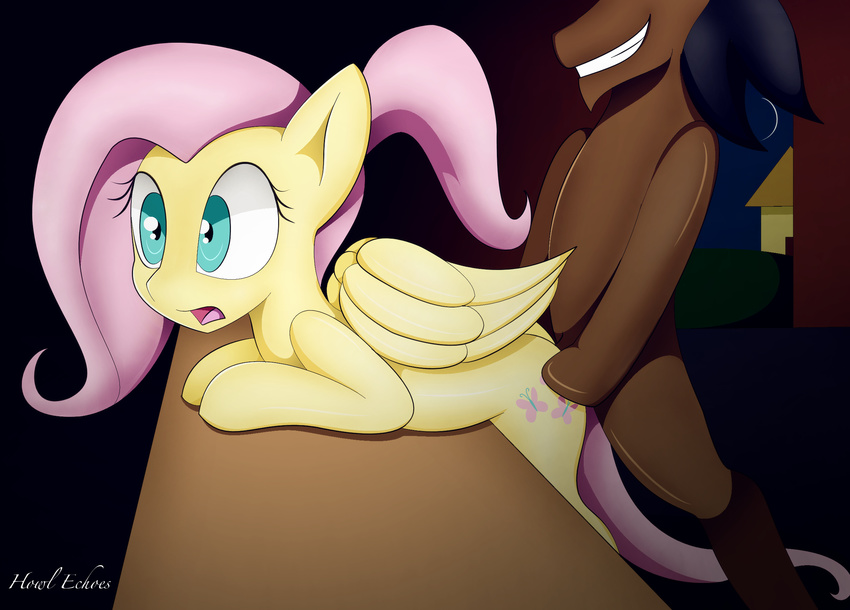 bent_over doggystyle duo equine female fluttershy_(mlp) friendship_is_magic from_behind fur hair hi_res hooves horse howl_echoes male mammal my_little_pony night original_character pegasus penetration pink_hair pony ponytail sex surprise wings yellow_fur