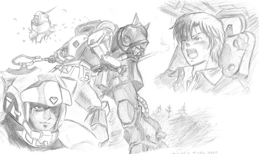 axe battle bernard_wiseman christina_mackenzie damaged denogunda energy_sword gundam gundam_0080 gundam_alex highres impaled mecha severed_head sketch spoilers sword tree trees weapon zaku zaku_ii zaku_ii_fz_kai