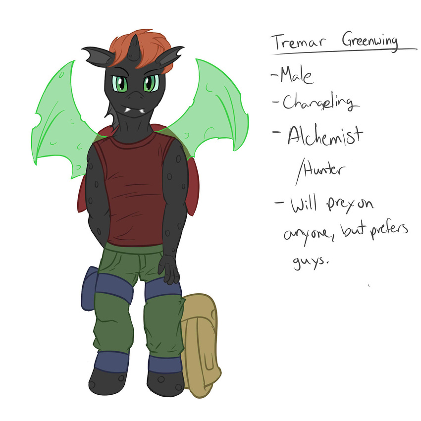 alchemist anthro backpack barefoot black_body black_skin cargo_pants changeling character_reference clothed clothing color colored ear_fins english_text fangs fuze green_eyes green_pants green_wings grin hair hand_behind_back hand_on_thigh hi_res hooves horn hunter male model_sheet my_little_pony orange_hair original_character pants plain_background red_shirt sharp_teeth short_hair sleeveless_shirt smirk solo standing teeth text tremar_greenwing utility_belt white_background wings