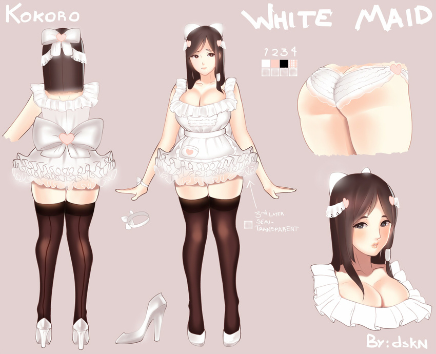 alternate_costume apron ass back-seamed_legwear bangs banned_artist breasts brown_eyes brown_hair character_sheet cleavage dead_or_alive dead_or_alive_5 dskn enmaided high_heels kokoro_(doa) large_breasts lips long_hair maid maid_apron panties parted_bangs seamed_legwear thighhighs underwear white_panties zettai_ryouiki