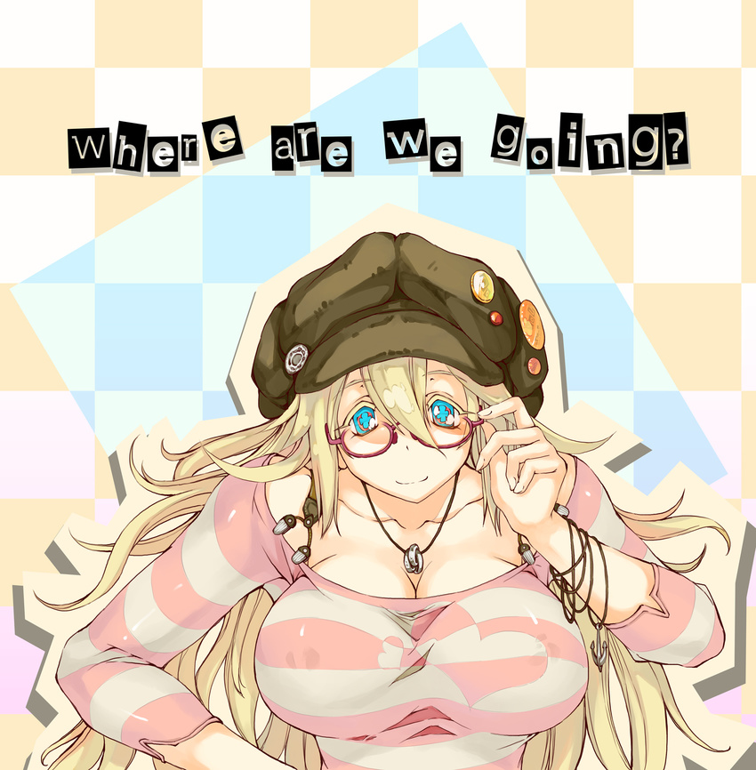 adjusting_eyewear alternate_costume alternate_hairstyle anchor bad_id bad_pixiv_id badge beanie blonde_hair blue_eyes breasts button_badge checkered checkered_background cleavage collarbone colored_eyelashes english fingernails flower-shaped_pupils glasses green_hat hat heart highres jewelry large_breasts long_hair long_sleeves looking_at_viewer multicolored multicolored_eyes necklace no_horn off_shoulder pink-framed_eyewear pink_eyes puzzle_&amp;_dragons ring ring_necklace sakuya_(p&amp;d) semi-rimless_eyewear shirt smile solo striped striped_shirt symbol-shaped_pupils text_focus under-rim_eyewear zutta