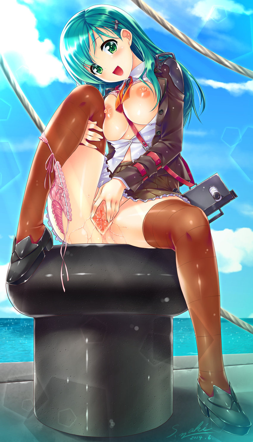 absurdres blush breasts censored day green_eyes hair_ornament hairclip highres kantai_collection large_breasts long_hair looking_at_viewer mosaic_censoring nipples open_clothes open_mouth open_shirt panties panties_around_one_leg pussy pussy_juice sakaki_maki school_uniform shirt side-tie_panties skirt skirt_lift solo spread_legs spread_pussy suzuya_(kantai_collection) thighhighs underwear untied