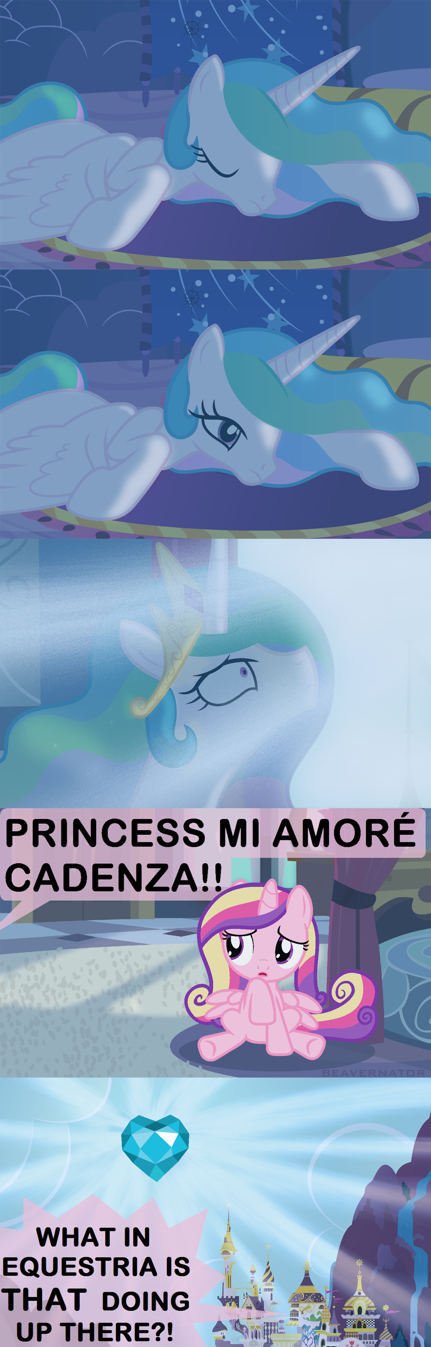 &lt;3 awake beavernator bed building canterlot castle cloud comic crown crystal crystal_heart day dialog english_text equine eyes_closed female feral friendship_is_magic gold hair horn horse lying mammal mountain multi-colored_hair my_little_pony pony princess_cadance_(mlp) princess_celestia_(mlp) purple_eyes rug text water waterfall winged_unicorn wings young