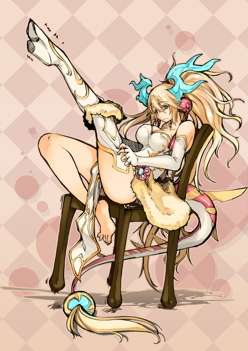 antlers argyle argyle_background bad_id bad_pixiv_id bangs bare_legs bare_shoulders barefoot blonde_hair blue_eyes boots breasts chair chair_in_motion chair_tipping cleavage colored_eyelashes dress dressing elbow_gloves feet fingerless_gloves frown full_body fur_trim gloves hair_between_eyes hair_ornament high_heel_boots high_heels highres knee_up large_breasts leg_up legs long_hair looking_away partially_undressed patterned patterned_background pelvic_curtain pulling purple_background putting_on_boots putting_on_shoes puzzle_&amp;_dragons sakuya_(p&amp;d) shoes single_boot single_shoe sitting solo spikes strapless strapless_dress tail tail_ornament thigh_boots thighhighs thighs toenails trembling twintails wavy_hair white_dress white_gloves white_legwear zutta