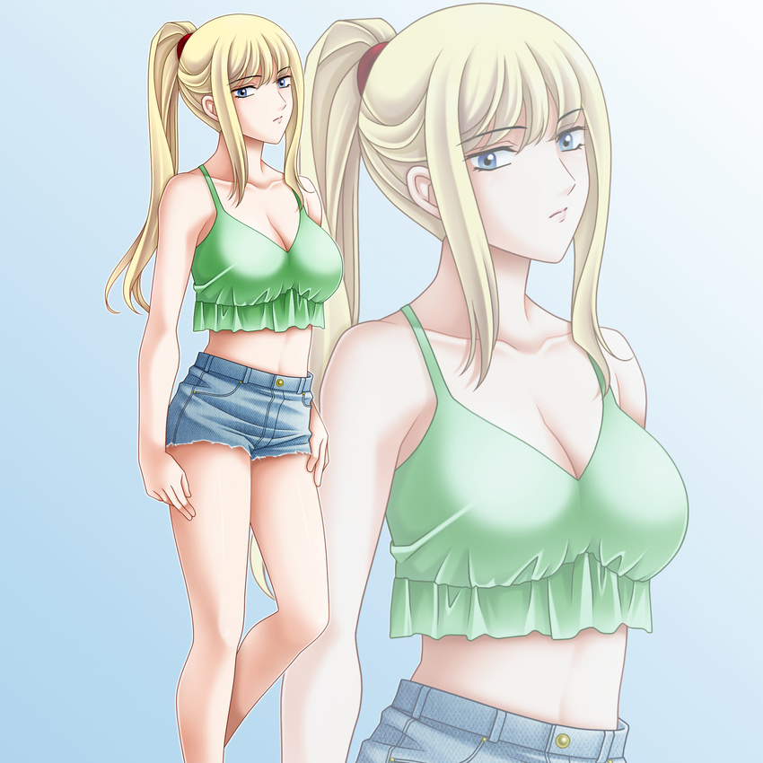 blonde_hair blue_eyes breasts casual cleavage denim denim_shorts highres large_breasts legs long_hair metroid ponytail samus_aran shorts solo tamamon tank_top zoom_layer