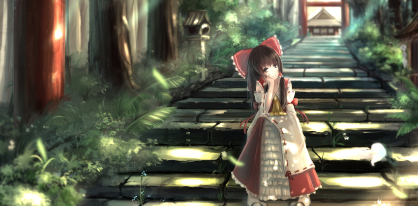 arm_support ascot bow brown_eyes brown_hair detached_sleeves dress flower forest hair_bow hair_tubes hakurei_reimu hakurei_shrine highres kikivi long_hair long_sleeves looking_at_viewer nature red_dress sitting sitting_on_stairs solo stairs torii touhou wide_sleeves