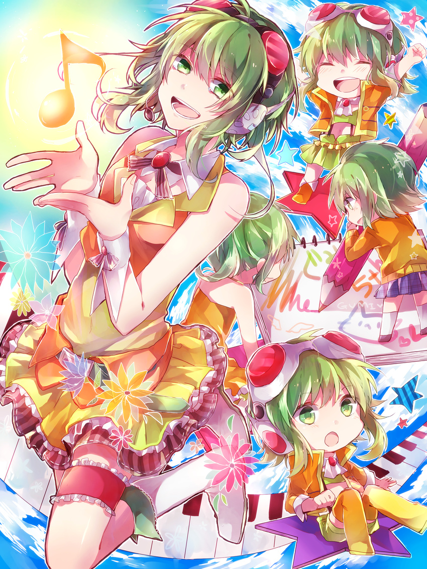 :d absurdres chibi closed_eyes goggles goggles_on_head green_eyes green_hair gumi hands_up highres megpoid_(vocaloid3) musical_note nicoma725 open_mouth short_hair smile vocaloid