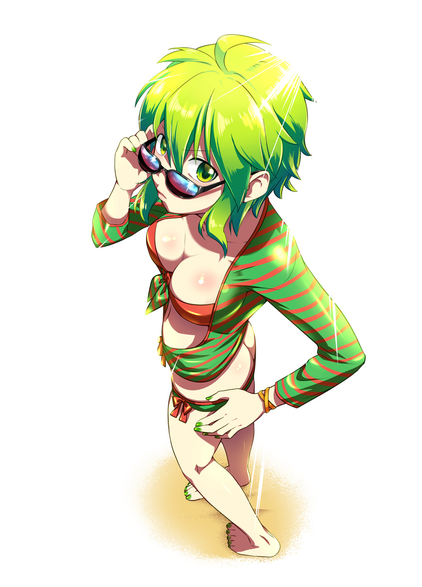 ass barefoot breasts butt_crack caffein cleavage flat_ass full_body green_eyes green_hair gumi hand_on_hip highres looking_at_viewer medium_breasts nail_polish short_hair simple_background solo sunglasses swimsuit vocaloid white_background