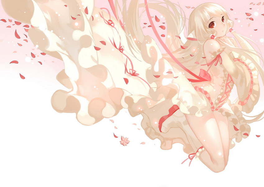 boots brown_eyes chii chobits detached_sleeves dress frilled_sleeves frills full_body gradient gradient_background hair_tubes joseph_lee legs_folded long_dress long_hair looking_at_viewer parted_lips petals pink_ribbon platinum_blonde_hair ribbon robot_ears simple_background solo thighs very_long_hair white_dress white_footwear wide_sleeves wind