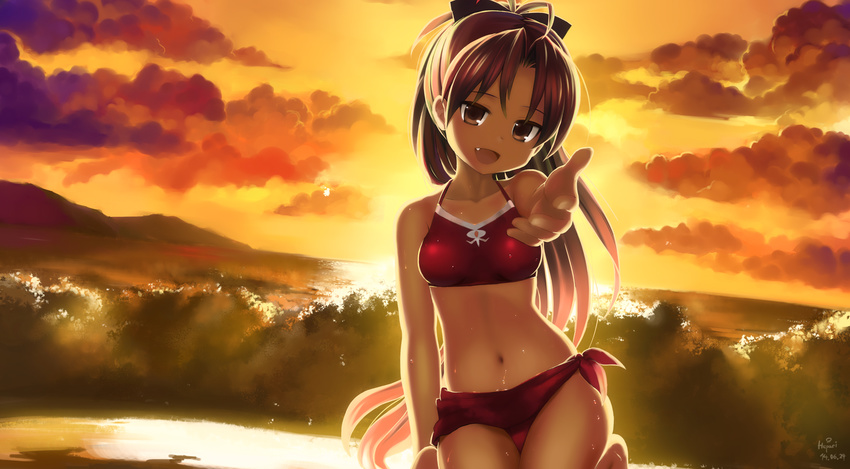 adapted_costume ahoge backlighting beach bikini cloud fang hepari highres mahou_shoujo_madoka_magica pink_hair ponytail reaching_out red_bikini red_eyes ribbon sakura_kyouko sarong solo sunset sweat swimsuit tree