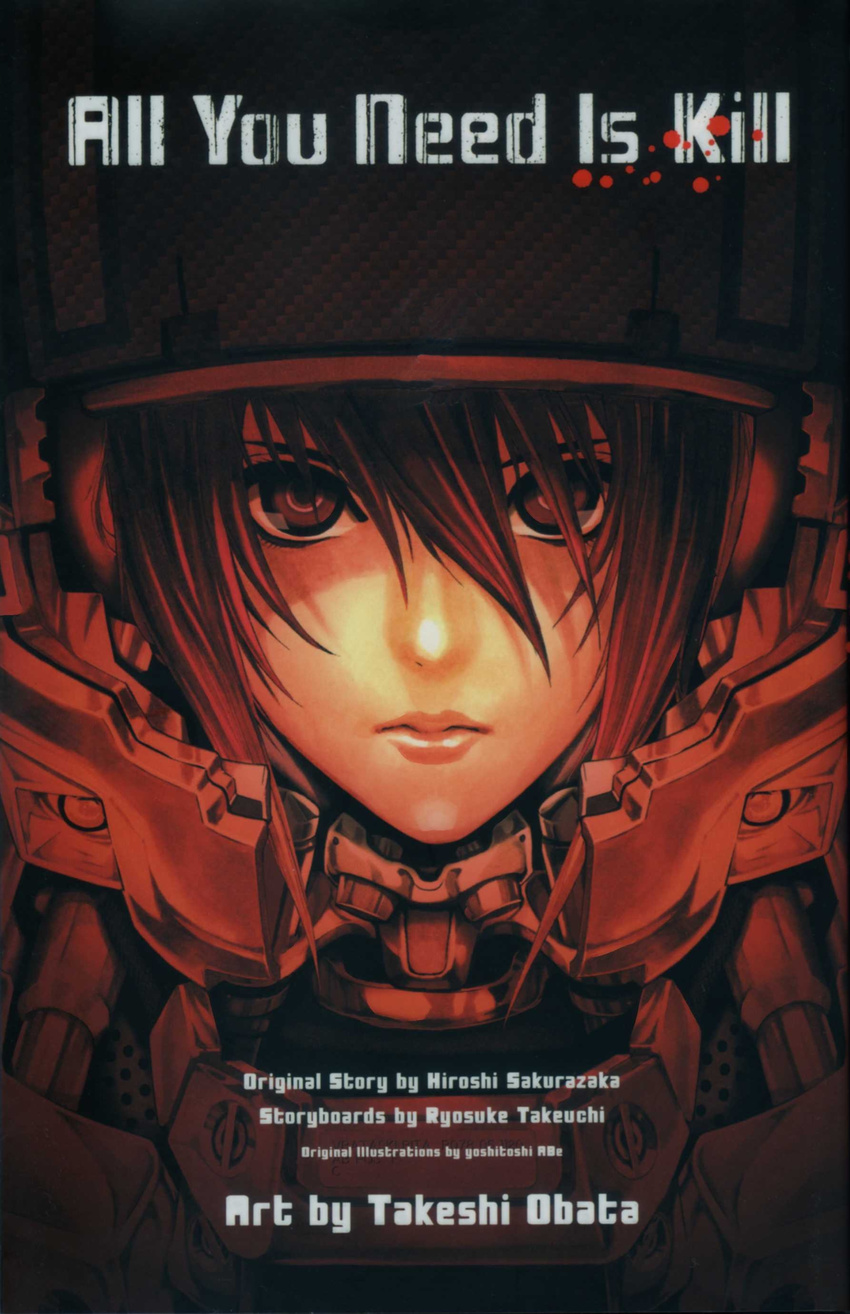 absurdres all_you_need_is_kill artist_name bangs blood blood_splatter bob_cut bodysuit closed_mouth copyright_name english face hair_between_eyes hair_over_eyes helmet highres looking_at_viewer machinery obata_takeshi official_art portrait red red_eyes red_hair red_lips rita_vrataski serious shade solo tsurime