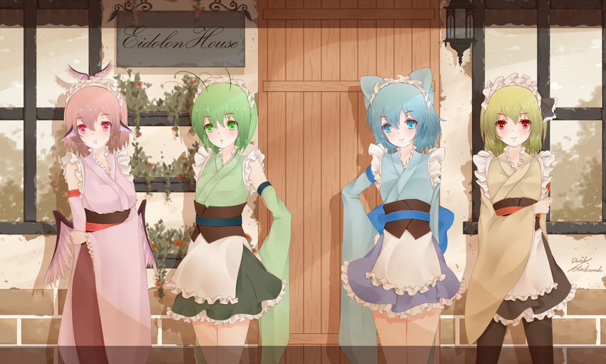 alternate_costume animal_ears antennae apron bad_id bad_pixiv_id bird_wings blonde_hair blue_eyes blue_hair bow cirno dclockwork detached_sleeves door enmaided green_eyes green_hair hair_bow hair_ribbon highres japanese_clothes kimono lolita_fashion long_sleeves looking_at_viewer maid maid_headdress multiple_girls mystia_lorelei no_wings pink_eyes pink_hair red_eyes ribbon rumia sash sign smile team_9 touhou wa_lolita waist_apron wide_sleeves wings wriggle_nightbug yukata