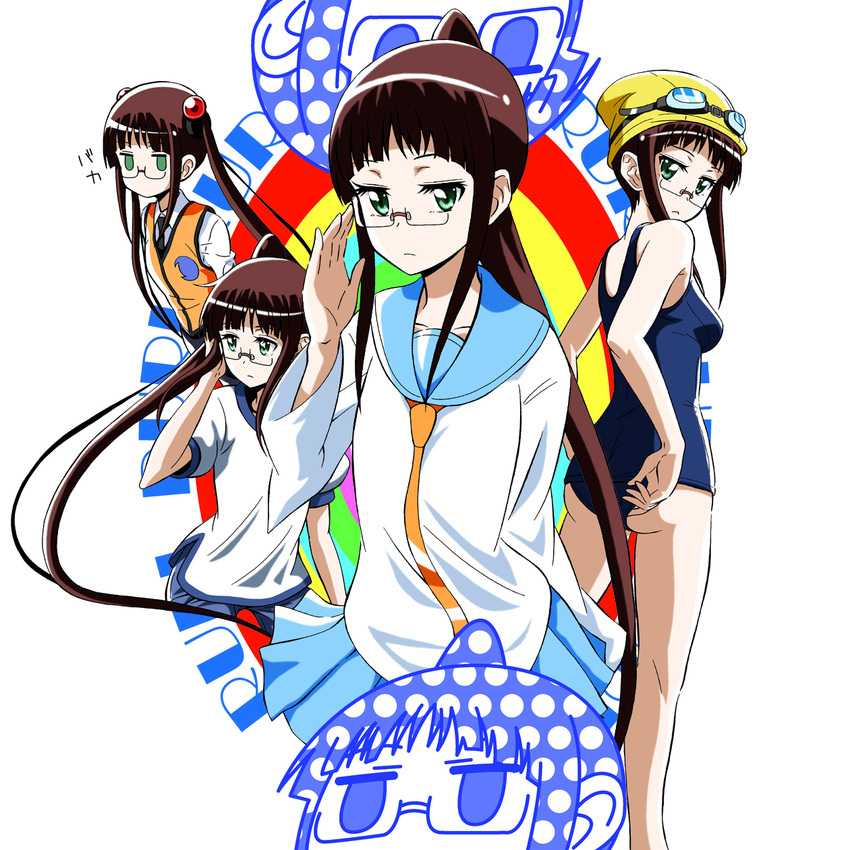 adjusting_clothes adjusting_swimsuit ass black_hair cosplay glasses goggles goggles_on_head green_eyes gym_uniform highres hoshino_ruri hoshino_ruri_(cosplay) kidou_senkan_nadesico miyamoto_ruri multiple_views namesake necktie nisekoi ponytail s-now school_swimsuit school_uniform skirt swim_cap swimsuit twintails