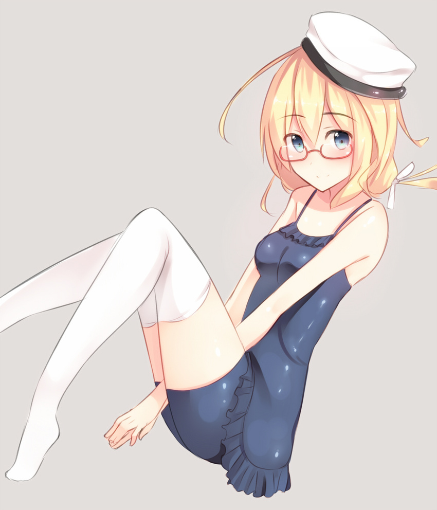 bad_id bad_pixiv_id blonde_hair blue_eyes double_frill_skirt_swimsuit frills glasses hat highres hiiragi_hajime i-8_(kantai_collection) kantai_collection long_hair nontraditional_school_swimsuit one-piece_swimsuit red-framed_eyewear school_swimsuit skirt solo swimsuit thighhighs twintails white_legwear