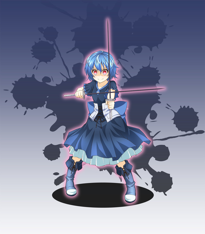 black_bullet blue_background blue_dress blue_hair boots bow cross-laced_footwear dress dual_wielding highres hiruko_kohina holding katana kyuutou_(kyuutouryuu) red_eyes short_hair short_sleeves smile solo sword weapon