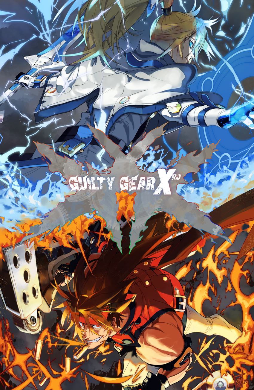 2boys arc_system_works bullet electricity fire guilty_gear guilty_gear_xrd john_crayton ky_kiske multiple_boys overlord_jc sol_badguy