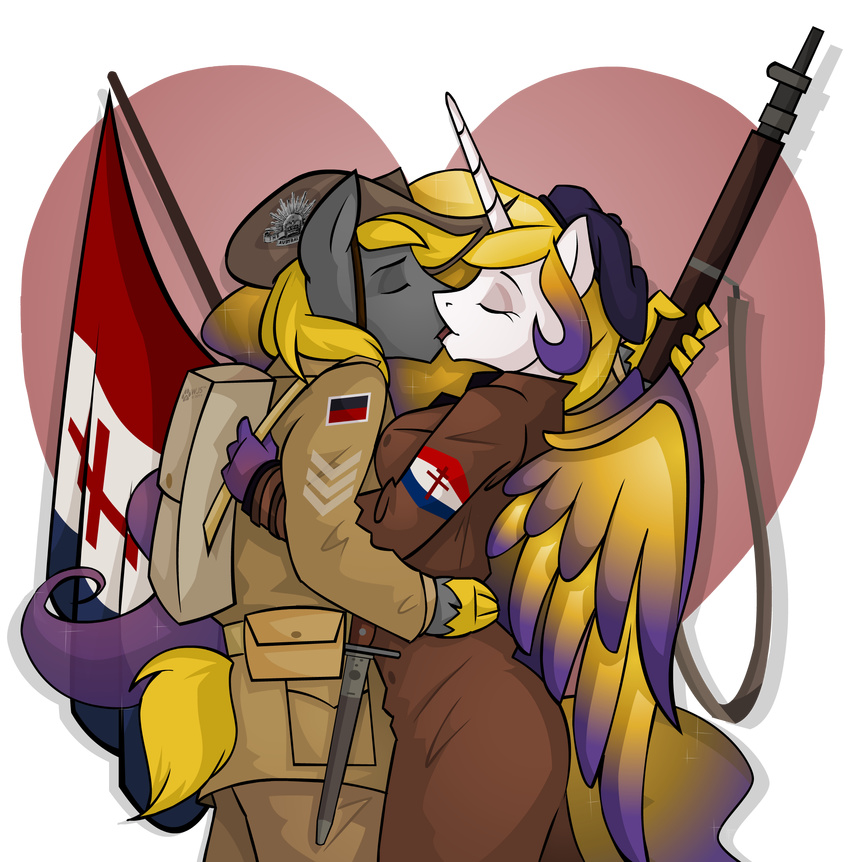 &lt;3 alpha_channel ambiguous_gender backpack bayonet clothing duo embrace equine eyes_closed female flag gun hat hi_res horn horse hug kissing mammal my_little_pony plain_background ranged_weapon tongue transparent_background uniform weapon winged_unicorn wings wolfjedisamuel