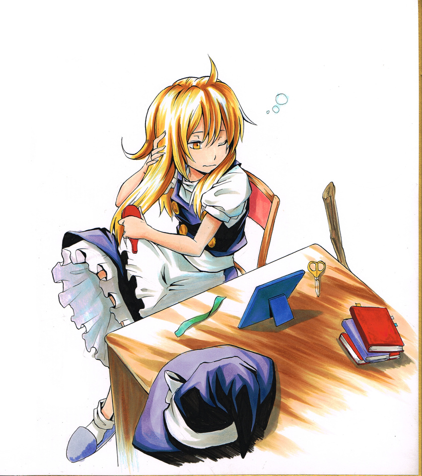 ahoge ankle_socks apron blonde_hair book_stack colored_pencil_(medium) expressionless hair_brush hair_brushing hat hat_removed headwear_removed high_collar highres kirisame_marisa koji_(koji-a) long_hair marker_(medium) mirror nib_pen_(medium) one_eye_closed petticoat puffy_short_sleeves puffy_sleeves ribbon scissors shikishi short_sleeves simple_background sitting skirt skirt_set slippers solo table touhou traditional_media waist_apron white_background witch_hat yellow_eyes