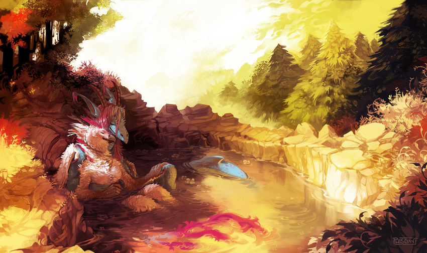 avian beak bird centradragon couple detailed_background dragon embrace eyes_closed feathers female hair horn hot_spring hybrid male pointy_ears purple_hair reclining tree water