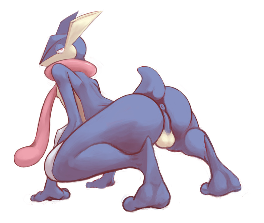 amphibian anthro anus balls barefoot big_butt butt frog greninja half-closed_eyes hi_res looking_at_viewer male ninja nintendo nude plain_background pok&#233;mon pok&eacute;mon solo somna tongue tongue_out video_games