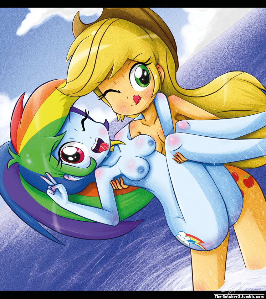 &lt;3 applejack_(eg) beach blonde_hair breasts cutie_mark duo equestria_girls female green_eyes hair hi_res human invalid_tag lesbian mammal multi-colored_hair my_little_pony nipples nude pink_eyes rainbow_dash_(eg) rainbow_hair sea seaside smile summer the-butch-x water