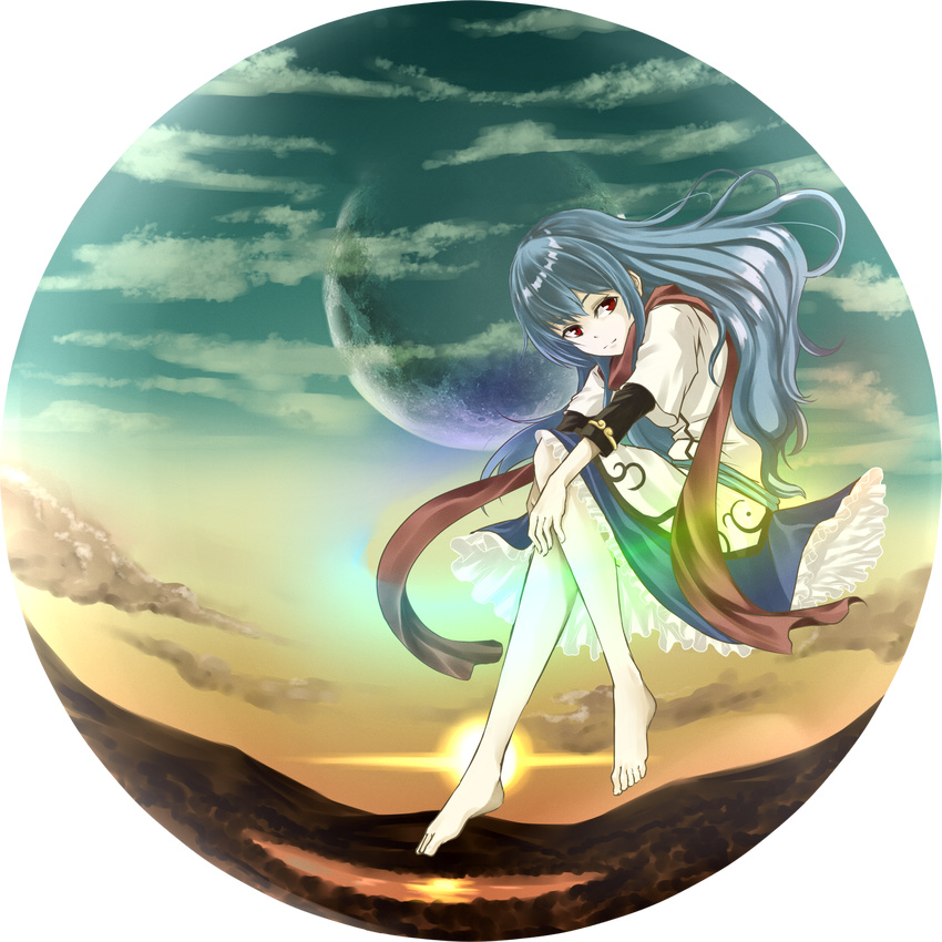 barefoot blue_hair crescent_moon highres hinanawi_tenshi judo_fuu long_hair looking_at_viewer moon no_hat no_headwear red_eyes scarf smile solo sunset touhou transparent_background