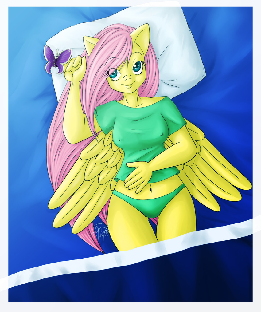 arthropod bedroom breasts clothing equine feathers female fluttershy_(mlp) friendship_is_magic fur hair hooves horse insect long_hair lying mammal moth ms-seven0 my_little_pony navel on_back on_bed panties pegasus pillow pink_hair pony smile teal_eyes underwear wings