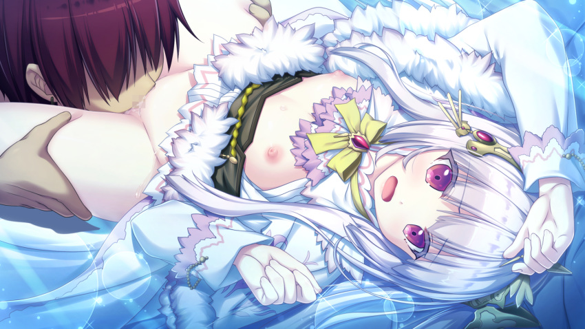 1girl bangs bed blush censored cunnilingus dress dress_lift eushully flat_chest fuukan_no_grasesta game_cg hair_ornament leg_grab lilica_rcitine long_hair nipples open_clothes open_dress open_mouth oral petite pussy pussy_juice red_eyes red_hair sweat white_hair