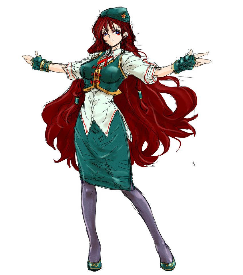 adapted_costume black_legwear blouse blue_eyes cosmetics crop_top fingerless_gloves gloves high_heels highres hong_meiling ledjoker07 long_hair looking_at_viewer makeup outstretched_arms pantyhose pencil_skirt red_hair short_sleeves sketch skirt smile solo spread_arms standing touhou very_long_hair white_blouse