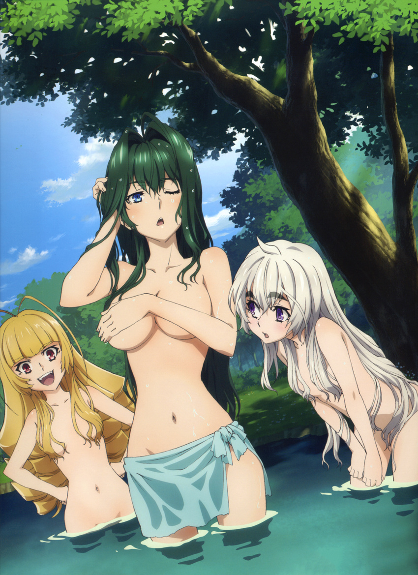 :d absurdres ahoge akari_acura antenna_hair bathing blonde_hair blue_eyes blue_sky blue_towel breasts chaika_trabant covering covering_breasts day eyebrows frederika_(hitsugi_no_chaika) green_hair hair_between_eyes hair_censor hair_down hair_intakes hair_over_breasts hands_on_hips highres hitsugi_no_chaika large_breasts leaning_forward multiple_girls navel nude official_art one_eye_closed open_mouth outdoors purple_eyes red_eyes scan silver_hair sky small_breasts smile thick_eyebrows topless towel tree wading wet wet_hair