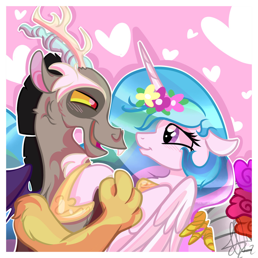 discord_(mlp) draconequus duo equine eye_contact fangs female feral friendship_is_magic hi_res horn horse male mammal my_little_pony open_mouth pony princess_celestia_(mlp) smile winged_unicorn wings xwhitedreamsx