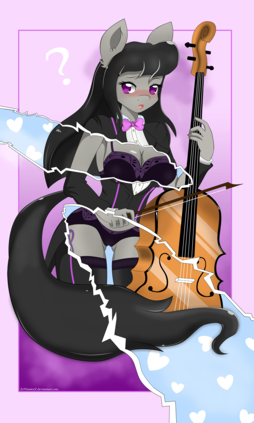 &lt;3 ? absurd_res anthro anthrofied black_hair blush bow bow_(stringed_instrument) bow_tie bra breasts cello cleavage clothed clothing cutie_mark earth_pony equine female friendship_is_magic fur hair hi_res horse internal legwear long_hair mammal musical_instrument my_little_pony octavia_(mlp) panties pony purple_eyes solo stockings tuxedo underwear xray zzvinniezz