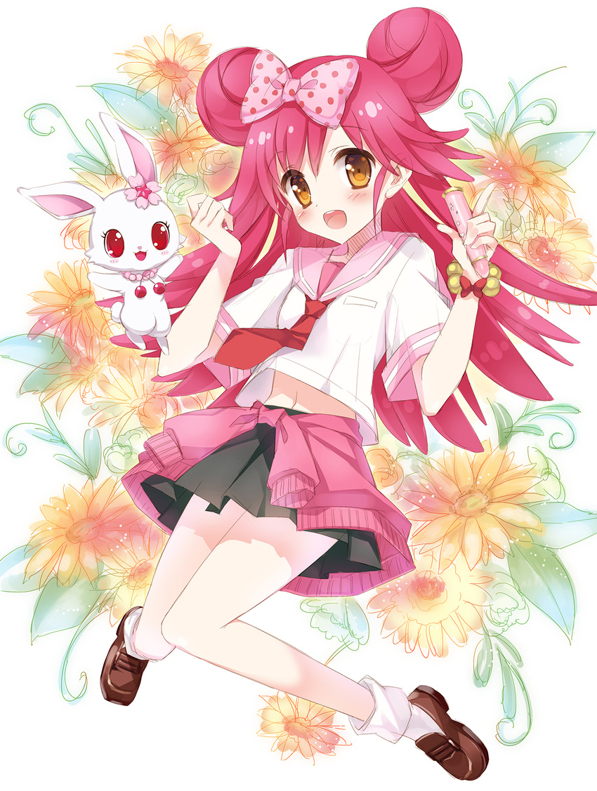 bad_id bad_pixiv_id bow bunny clothes_around_waist double_bun hair_bow hair_ornament highres jewelpet_(series) kimishima_ao lady_jewelpet long_hair looking_at_viewer momona open_mouth orange_eyes polka_dot polka_dot_bow red_hair ribbon ruby_(jewelpet) skirt