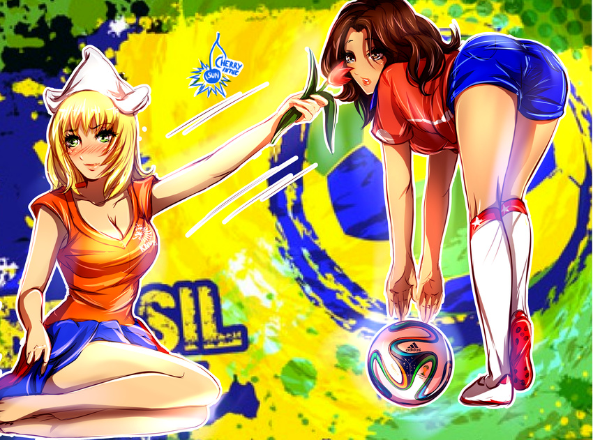 2girls absurdres blonde_hair blue_eyes blush brazuca breasts brown_eyes brown_hair cherry_in_the_sun chile cleavage dutch flower hat highres huge_filesize long_hair medium_breasts multiple_girls netherlands original soccer_uniform sportswear tulip world_cup