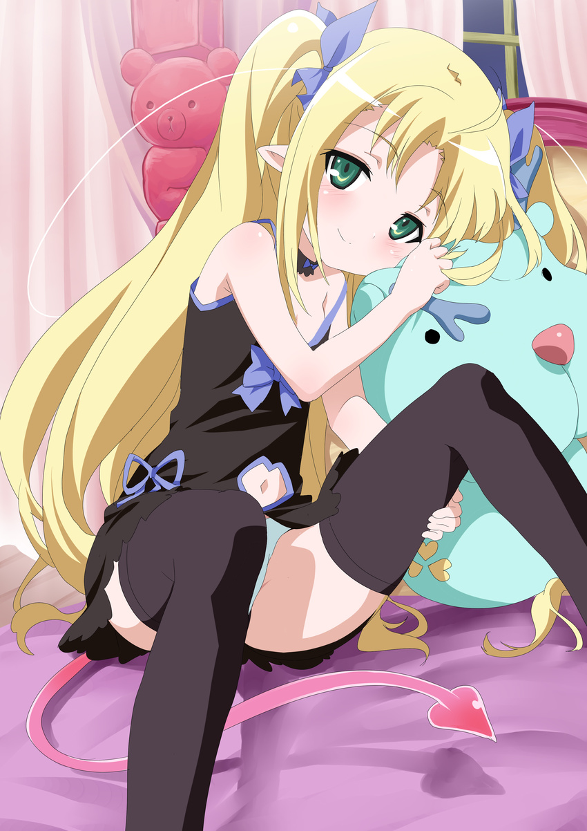 absurdres ahoge aqua_panties astarotte_ygvar bangs bare_shoulders bear bed black_choker black_dress black_legwear blonde_hair blue_bow blue_ribbon blush bow breasts choker closed_mouth curtains demon_tail dress eyebrows_visible_through_hair fang green_eyes hair_ribbon hand_on_own_thigh head_tilt heart highres indoors knees_up light_smile long_hair looking_at_viewer lotte_no_omocha! navel navel_cutout night no_bra on_bed panties pantyshot pantyshot_(sitting) parted_bangs ribbon short_dress short_pointy_ears sidelocks sitting small_breasts smile solo spread_legs strap_gap strap_slip stuffed_animal stuffed_toy tail thighhighs two_side_up underwear very_long_hair wanaca window