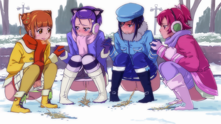 aida_mana animal_ears blue_coat blue_eyes blue_hair blush blush_stickers boots breath brown_eyes brown_hair coat cold dokidoki!_precure earmuffs embarrassed fake_animal_ears hair_ribbon hat highres hishikawa_rikka holding_hands kenzaki_makoto lunalu9 multiple_girls outdoors panties pants_pull panty_pull pee peeing pink_eyes pink_hair precure purple_coat purple_eyes purple_hair pussy ribbon scarf shorts shorts_pull snow squatting thighhighs underwear yellow_coat yotsuba_alice