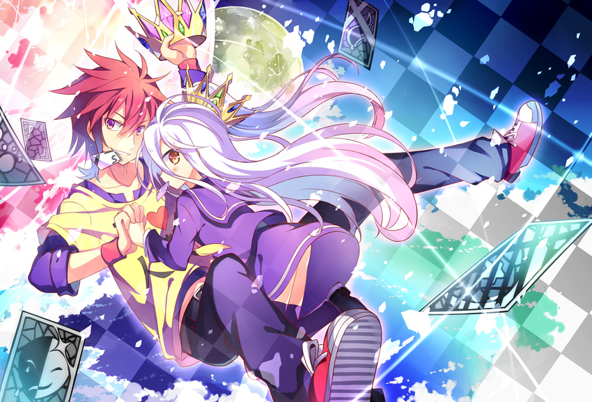 1girl brother_and_sister brown_eyes card crown heart holding_hands kinoshita_neko mouth_hold no_game_no_life one_side_up purple_eyes red_hair shiro_(no_game_no_life) siblings silver_hair sora_(no_game_no_life) thighhighs wristband