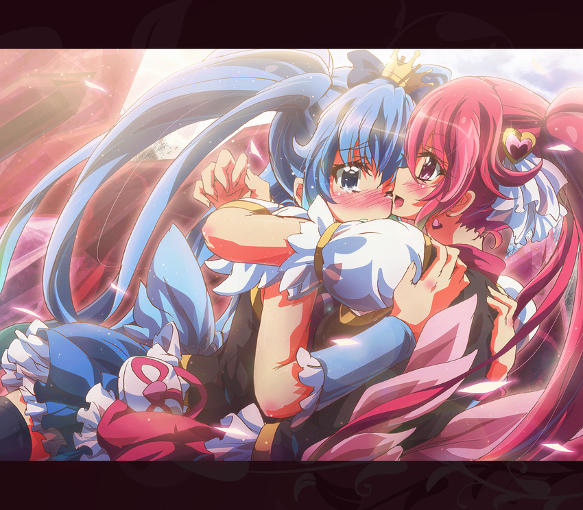 aino_megumi blue_eyes blue_hair blue_skirt crown cure_lovely cure_princess earrings hair_ornament happinesscharge_precure! highres hug inoshishi_(ikatomo) jewelry long_hair magical_girl multiple_girls open_mouth pink_eyes pink_hair ponytail precure shirayuki_hime skirt thighhighs twintails wide_ponytail wrist_cuffs