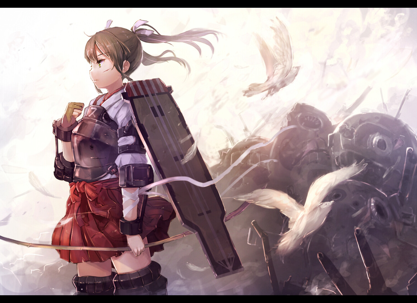 animal bird bow_(weapon) brown_hair japanese_clothes kantai_collection mondo twintails weapon yellow_eyes zuikaku_(kancolle)