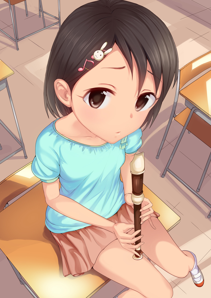 absurdres black_eyes black_hair blush bunny_hair_ornament chair child classroom desk from_above hair_ornament hairclip highres idolmaster idolmaster_cinderella_girls instrument kneehighs looking_at_viewer looking_up on_desk q_(ed69) recorder sasaki_chie school_desk shoes short_hair short_sleeves sitting sitting_on_desk skirt solo uwabaki white_legwear