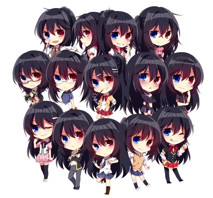 akuma_no_riddle azuma_tokaku banba_mahiru banba_shin'ya bellezza_felutia black_hair blue_eyes cosplay crossdressing crossover felutiahime glasses hanabusa_sumireko hashiri_nio highres ichinose_haru inukai_isuke jacket kaminaga_kouko kenmochi_shiena long_hair multiple_boys namatame_chitaru one-person_show original otoko_no_ko parody red_eyes sagae_haruki school_uniform self_upload shirt shutou_suzu skirt smile takechi_otoya