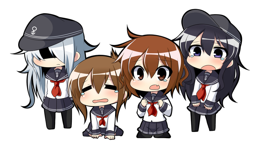 akatsuki_(kantai_collection) black_hair brown_eyes brown_hair chibi clenched_hands closed_eyes commentary_request crying folded_ponytail hat hibiki_(kantai_collection) highres ikazuchi_(kantai_collection) inazuma_(kantai_collection) kantai_collection long_hair multiple_girls open_mouth purple_eyes school_uniform serafuku shaded_face short_hair silver_hair simple_background sitting standing tears twumi white_background