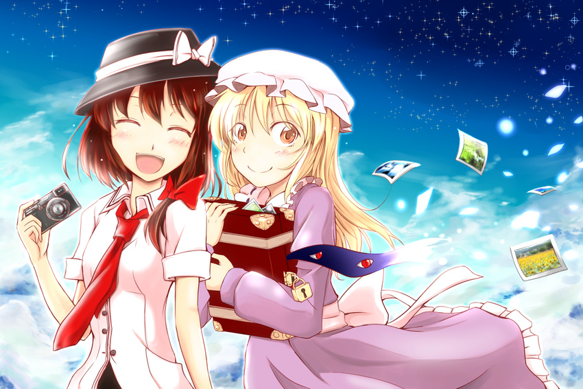 blonde_hair bow brown_hair camera dress field flower flower_field gap hair_bow hat hat_bow lock long_hair looking_at_viewer maribel_hearn multiple_girls necktie open_mouth padlock photo_(object) ribbon short_hair skirt sky smile star_(sky) starry_sky suitcase sunflower tamasan touhou usami_renko white_bow yellow_eyes