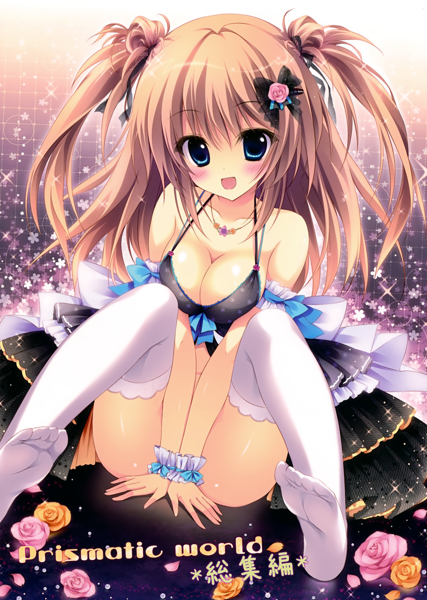:d absurdres arms_between_legs blue_eyes blush breasts brown_hair cleavage covering covering_crotch dress feet flower halterneck highres jewelry medium_breasts necklace open_clothes open_dress open_mouth orange_flower orange_rose original petals pink_flower pink_rose rose rose_petals scan shiramori_yuse sitting smile solo sparkle spread_legs thighhighs two_side_up v_arms white_legwear