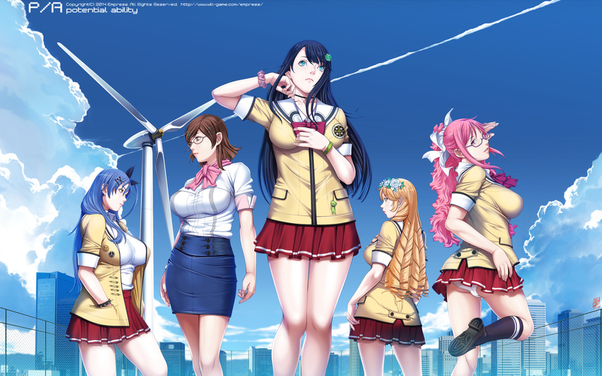 adjusting_hair aqua_eyes badge bangs black_hair blonde_hair blue_hair bow bowtie bracelet breasts brown_hair building button_badge buttons chain-link_fence charm_(object) choker cityscape cloud clover collared_shirt company_name condensation_trail copyright_name cross daiunji_eru dated day drill_hair fence flower four-leaf_clover frown glasses hair_flower hair_ornament hair_ribbon hairclip hand_in_pocket hand_on_own_chest high_ponytail highres ikazaki_reia jewelry kneehighs kusukawa_suzune large_breasts leg_lift lips loafers long_hair looking_at_viewer looking_back looking_to_the_side mihara_aika miniskirt multiple_girls official_art one_side_up open_clothes orange_eyes outdoors p/a_~potential_ability~ panties pantyshot pantyshot_(standing) peace_symbol pencil_skirt pink_hair pleated_skirt pocket ponytail purple-framed_eyewear purple_eyes red_skirt ribbon rooftop rose scarf school_uniform scrunchie sei_shoujo semi-rimless_eyewear serafuku shirt shoes short_hair short_sleeves sidelocks signature skirt sky skyscraper sleeve_cuffs smiley_face spiked_bracelet spikes standing takajou_yuna thigh_gap under-rim_eyewear underwear wallpaper watermark wavy_hair web_address white_flower white_rose widescreen windmill wrist_scrunchie yellow_eyes