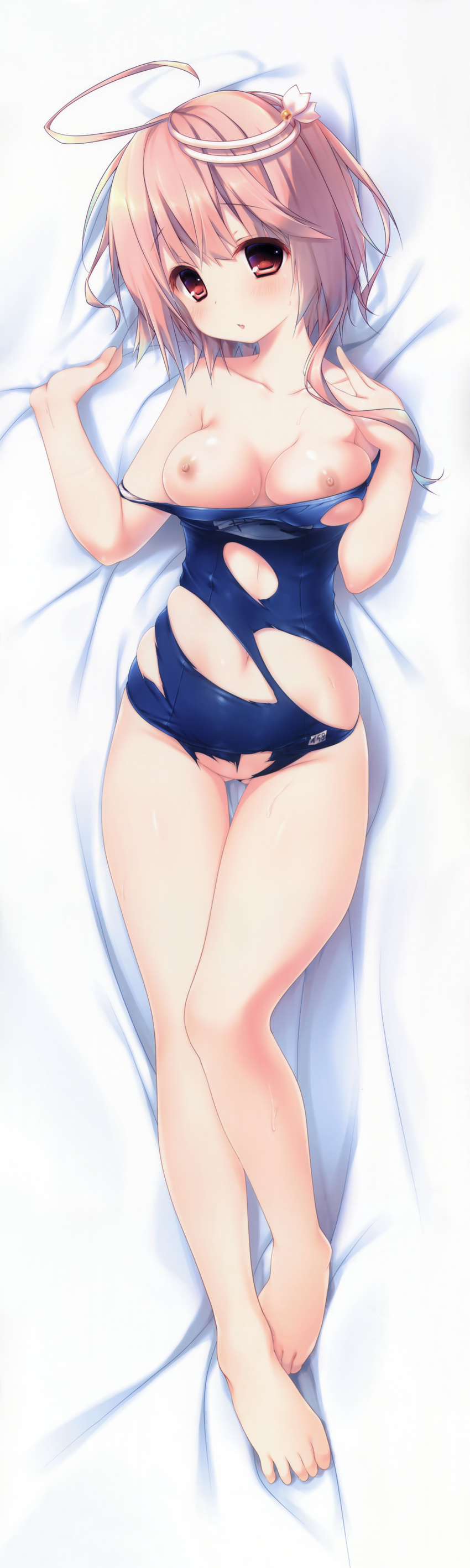 absurdres ahoge banned_artist barefoot bed_sheet breasts dakimakura feet full_body highres huge_filesize i-58_(kantai_collection) kantai_collection konomi_(kino_konomi) lying medium_breasts navel nipples pink_hair red_eyes scan school_swimsuit sheet_grab short_hair solo swimsuit thigh_gap toes torn_clothes torn_swimsuit wet