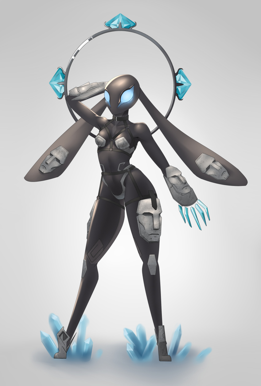 absurd_res anthro armor black_body blue_eyes breasts clothing collar female footwear front_view glowing glowing_eyes golem harness hi_res lagomorph mammal pose rabbit shazzi shoes solo standing