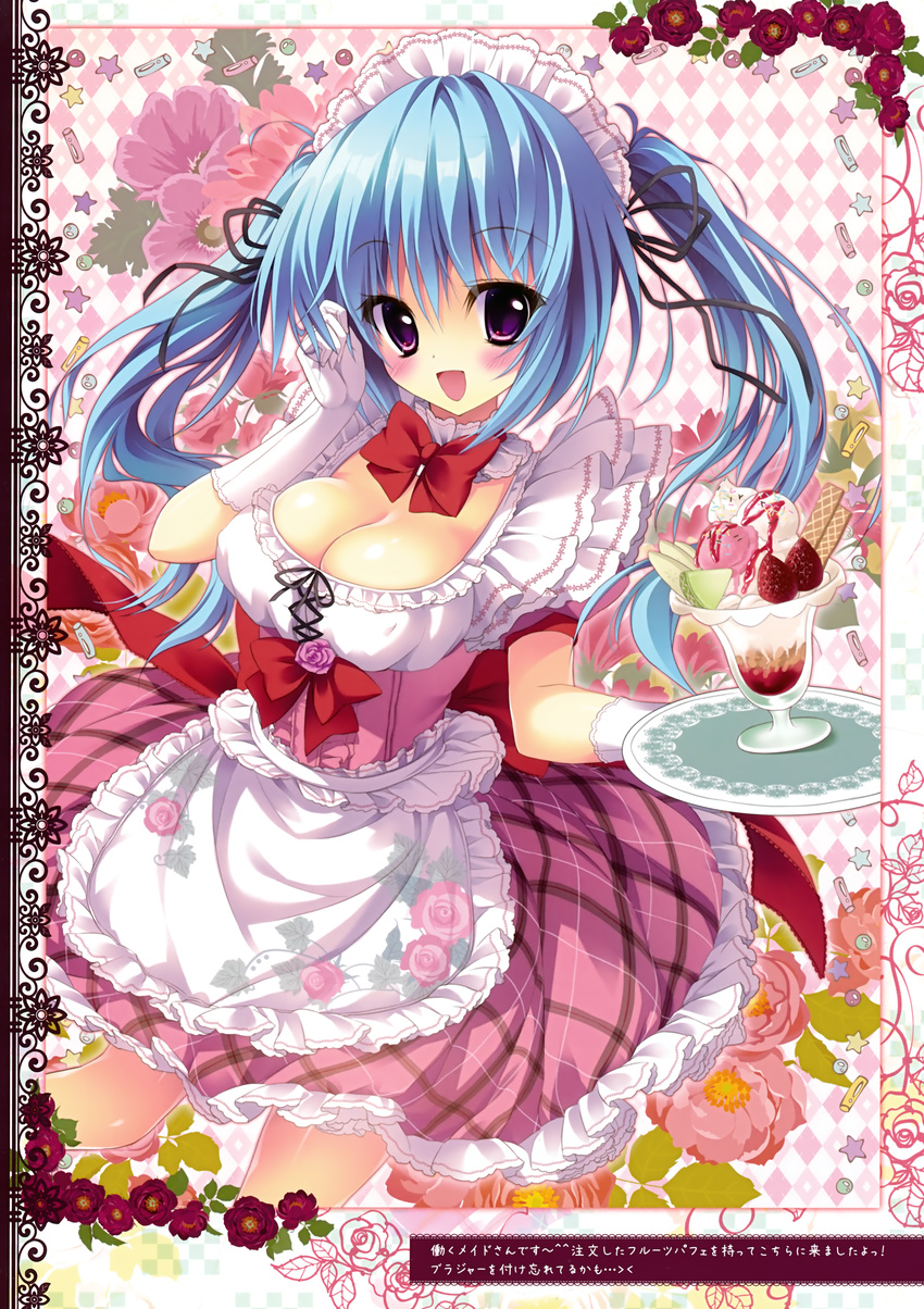 :d absurdres apron argyle argyle_background blue_hair blush breasts cleavage flower food gloves highres ice_cream large_breasts maid_apron maid_headdress open_mouth parfait purple_eyes shiramori_yuse smile solo sprinkles star strawberry_syrup translation_request tray twintails wafer waitress white_gloves