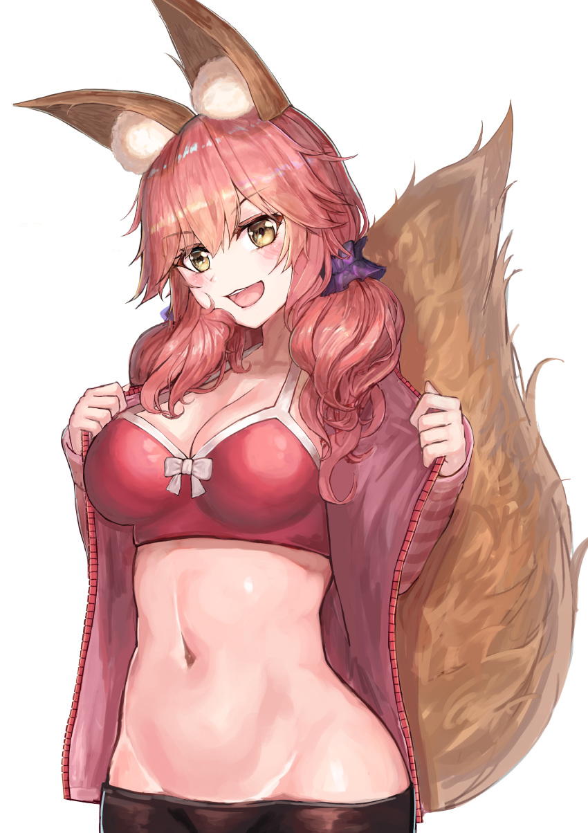 1girl absurdres animal_ear_fluff animal_ears bangs blush bra breasts cleavage collarbone fate/extra fate/extra_ccc fate_(series) fox_ears fox_girl fox_tail hair_between_eyes highres hoshibudou huge_filesize jacket large_breasts long_hair looking_at_viewer low_twintails navel open_clothes open_jacket open_mouth pink_bra pink_hair pink_jacket scrunchie simple_background smile solo stomach tail tamamo_(fate)_(all) tamamo_no_mae_(fate) twintails underwear white_background yellow_eyes